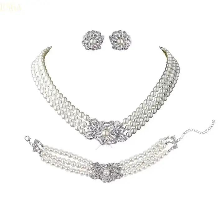 E56A Perles superbes bijoux en cristal avec boucles d'oreilles collier bracelet pour les femmes à mo