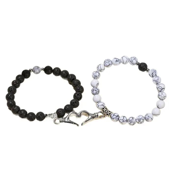 Bracelet de couple magnétique en forme de coeur coloré Cadeau de Saint-Valentin Bijoux de perles rondes en pierre naturelle à la mode pour hommes et...