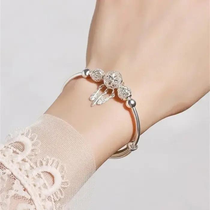 Bracelet en argent Sterling 925 attrape-rêves pompon plume perle ronde pour femmes occasions spéciales cadeau de mariage
