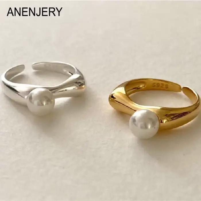 ANENJERY perle brillant anneau ouvert pour les femmes français exquis Goden couleur argent bague tout assorti accessoires anillos bague