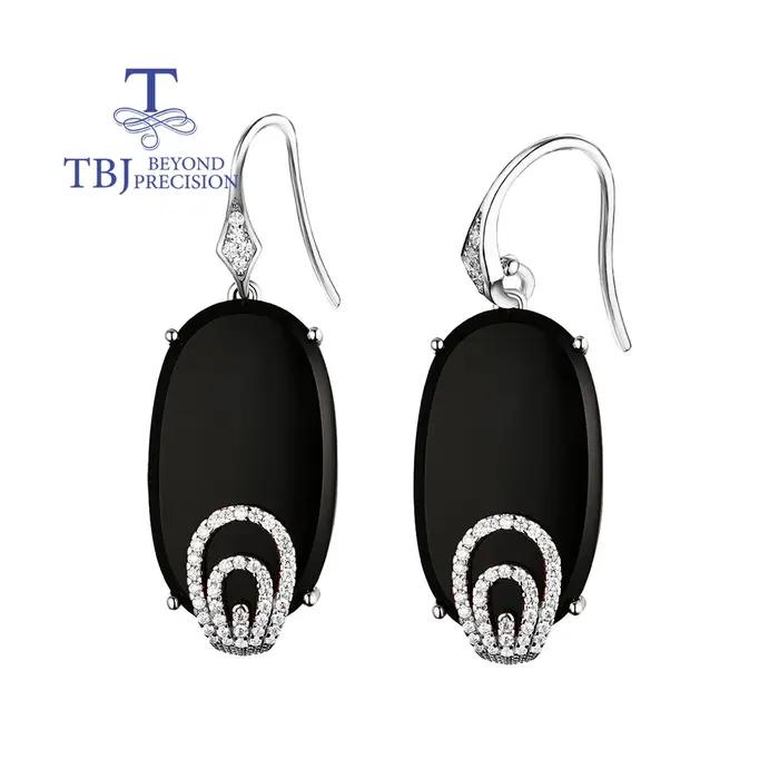 TBJ, vogue crochet longue boucle d'oreille 26.4ct naturel noir agate onyx 925 argent sterling or rose pierre précieuse