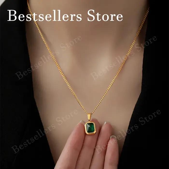 Collier à breloques en argent sterling 925 de 18 pouces avec émeraude et zircon – Bijou élégant