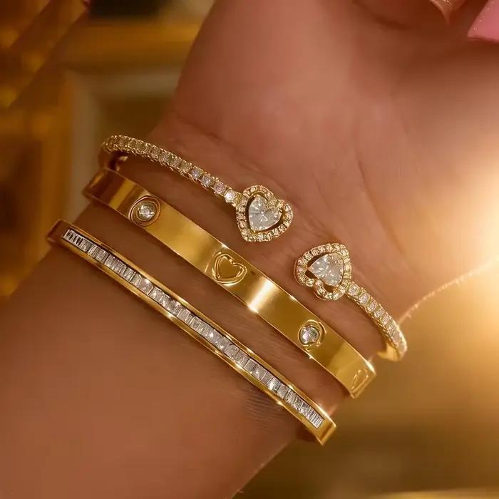 Ensemble de bracelets en acier inoxydable et zircon en forme de cœur