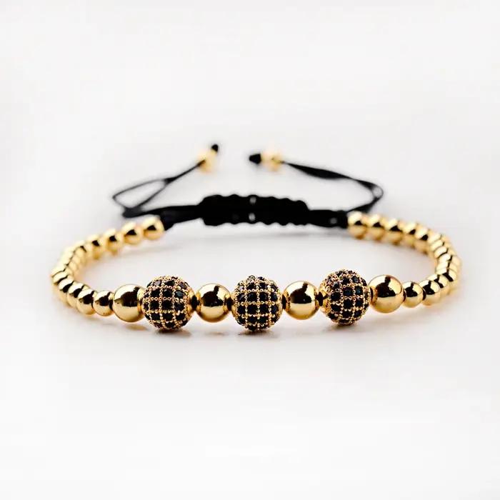 Bracelets de luxe en macramé tressé pour hommes, 8mm, Micro pavé noir, boules Disco CZ, perles, brel