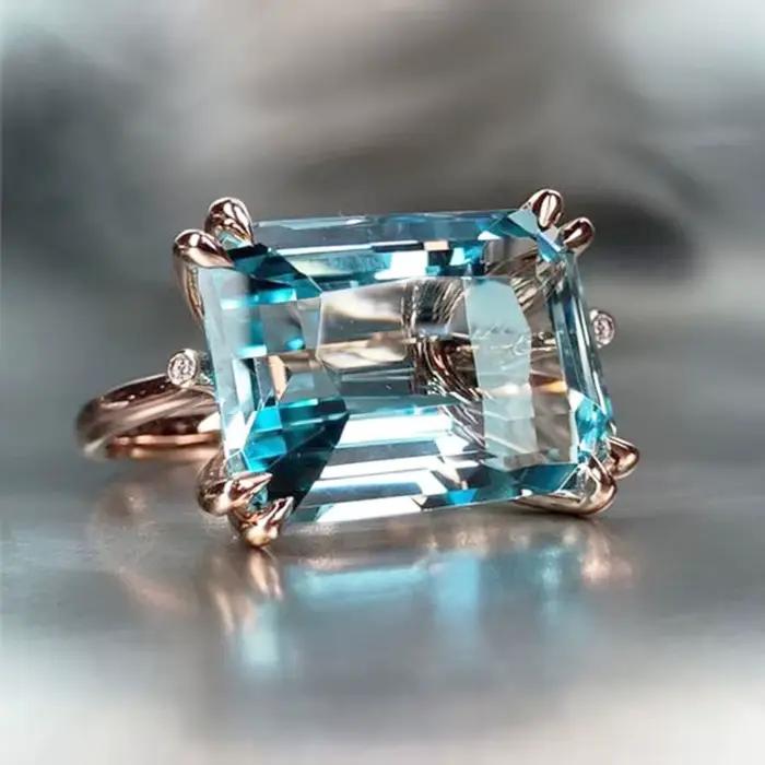 Huitan Solitaire – bague à 4 griffes bleu ciel pour femmes, couleur or rose romantique, forme rectan