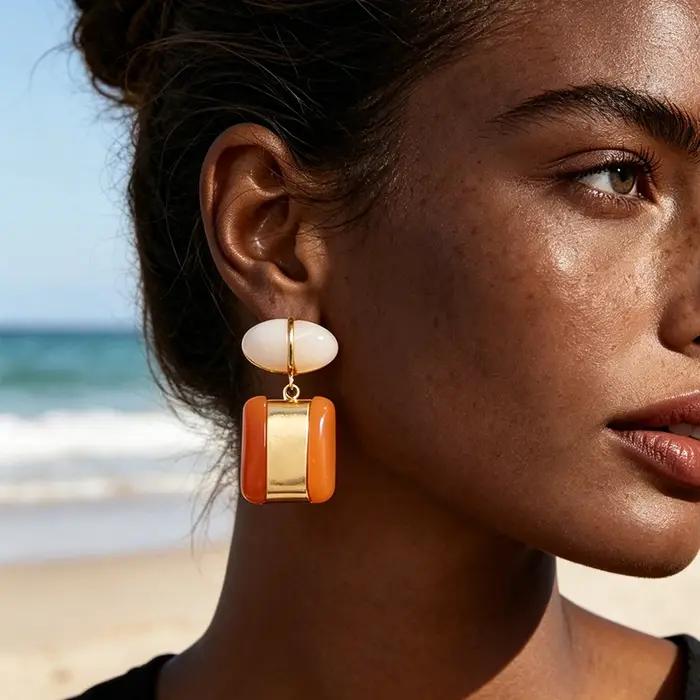 Nouvelles Boucles d'Oreilles Pendante Géométriques en Résine Orange 2026 pour Femme