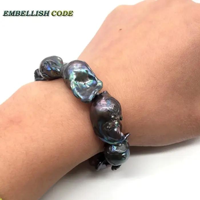 Bracelet de Perles Baroques d'Eau Douce Noires et Bleues pour Fête Femme Occasions Spéciales