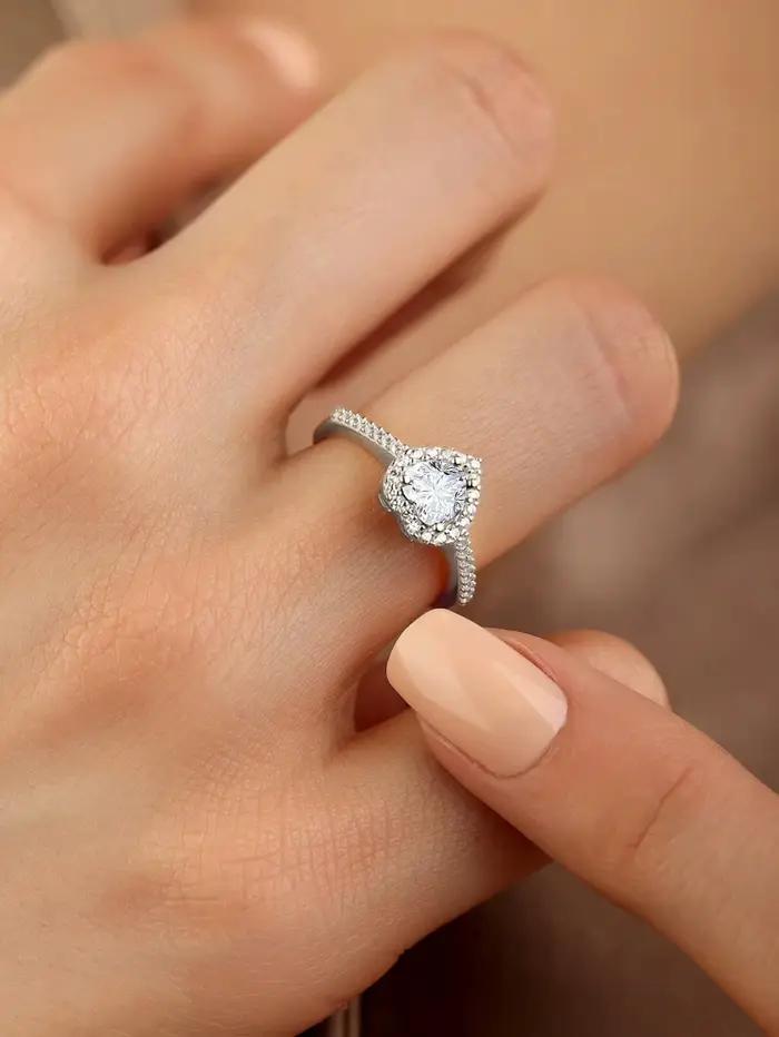 Bague en forme de cœur d'amour brillant en zirconium pour femmes, alliances romantiques en argent sterling 925 pour engagements et mariages