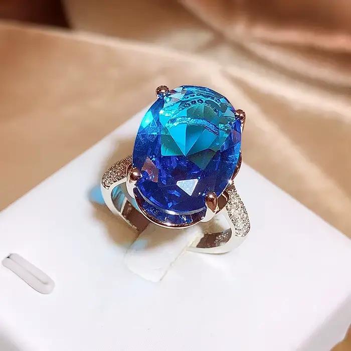 Bague ovale géométrique bleue classique pour fête de Banquet, ne se décolore pas, lumière de luxe, ouverture réglable, bijoux en argent Sterling 925 pour dames