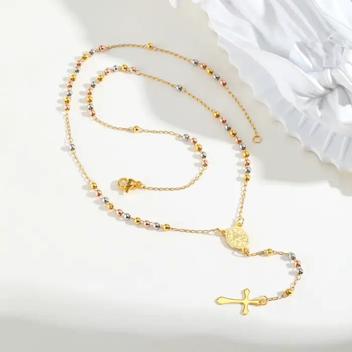 Vnox – collier chapelet Long, accessoires en acier inoxydable, barre ovale de la vierge marie avec pendentif croix, bijoux à la mode