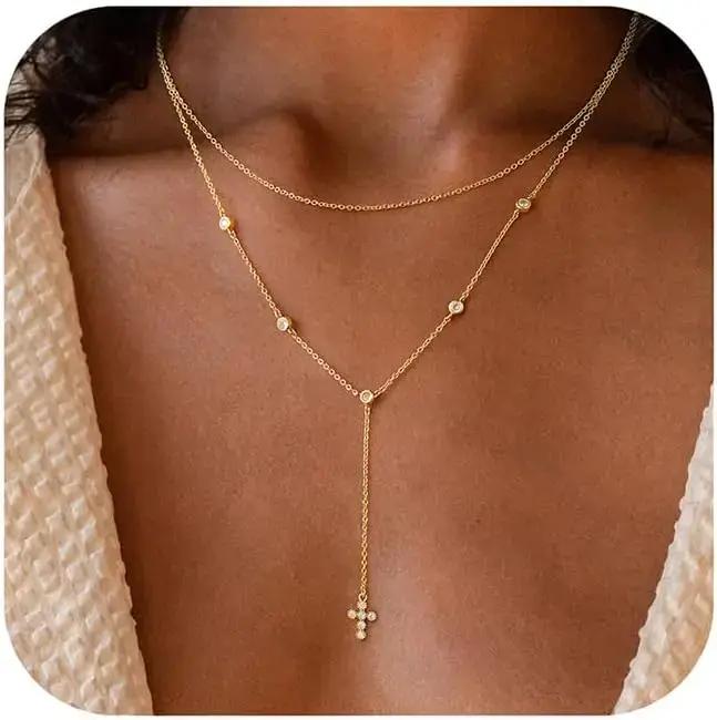 Collier croix Lariat en or véritable 14 carats pour femmes, long pendentif croix superposée en forme de Y, bijoux de baptême religieux et chrétien pour femmes occasions spéciales