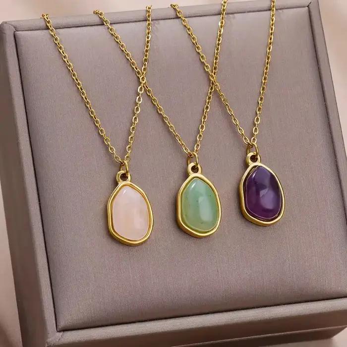 Collier ovale en pierre colorée en acier inoxydable or style classique tracker d'humeur pour femmes occasions spéciales anniversaire