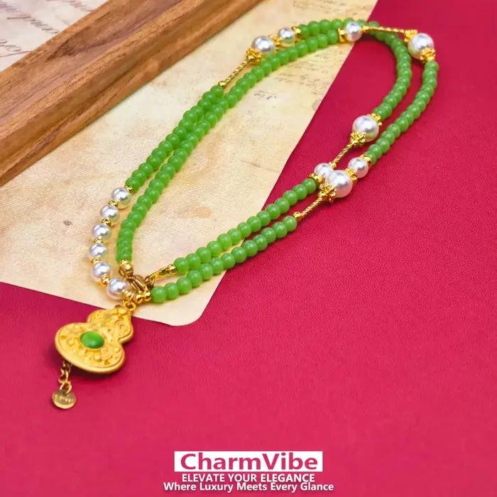 Collier en pierre verte avec pendentif gourde dorée pour femmes, bijoux vintage pour mariage et anniversaire