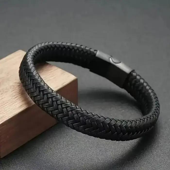 Bracelet magnétique Vintage en cuir PU noir pour hommes, Simple, tressé, fait à la main, fermoirs à