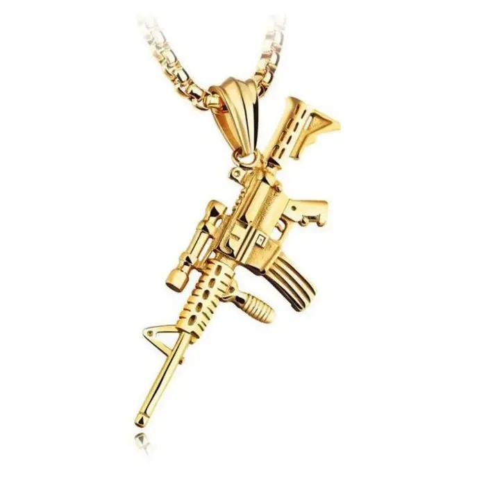 Hip Hop raffiné élégant glacé or argent couleur alliage M4 pistolet pendentifs collier pour hommes rappeur bijoux