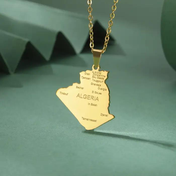 Kkjoy mode acier inoxydable couleur or carte d'ALGERIA pendentif collier pour femmes hommes