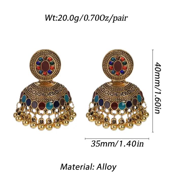 Boucles d'oreilles ethniques indiennes couleur or cloche pendantes pour dames charme multicolore cristal bohème bijoux