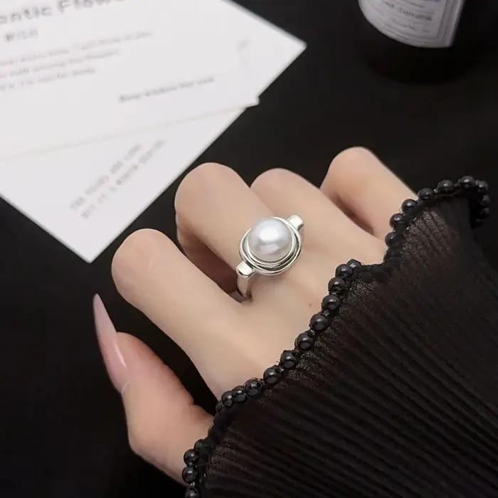 Bagues de perles blanches réglables pour femmes, bague de mariage élégante en argent véritable, cadeau d'anniversaire pour femme, alliance de mariage classique, bijoux pour occasions spéciales