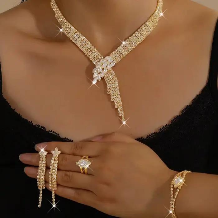Collier en cristal pour femmes, Bracelet, boucle d'oreille, bague, fête de mariage, bijoux élégants, ensemble de bijoux classiques, accessoires
