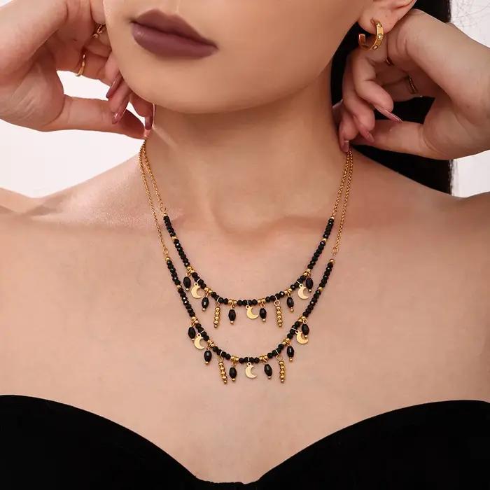 Collier chic en acier inoxydable noir avec cristaux pour femme