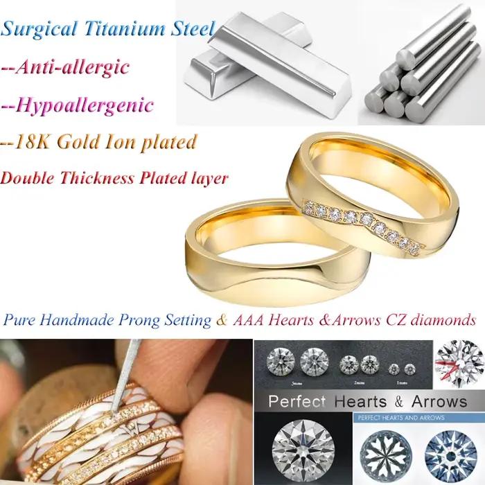 Bague de fiançailles de mariage en diamant cz, anneau de promesse d'alliance pour couples, plaqué or 14 carats, bijoux en acier inoxydable