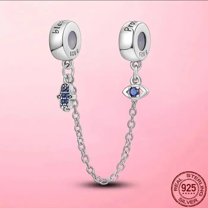 Chaîne de sécurité en argent 925, motif bande de cœurs, perles de charme pour bracelet original, bijoux DIY