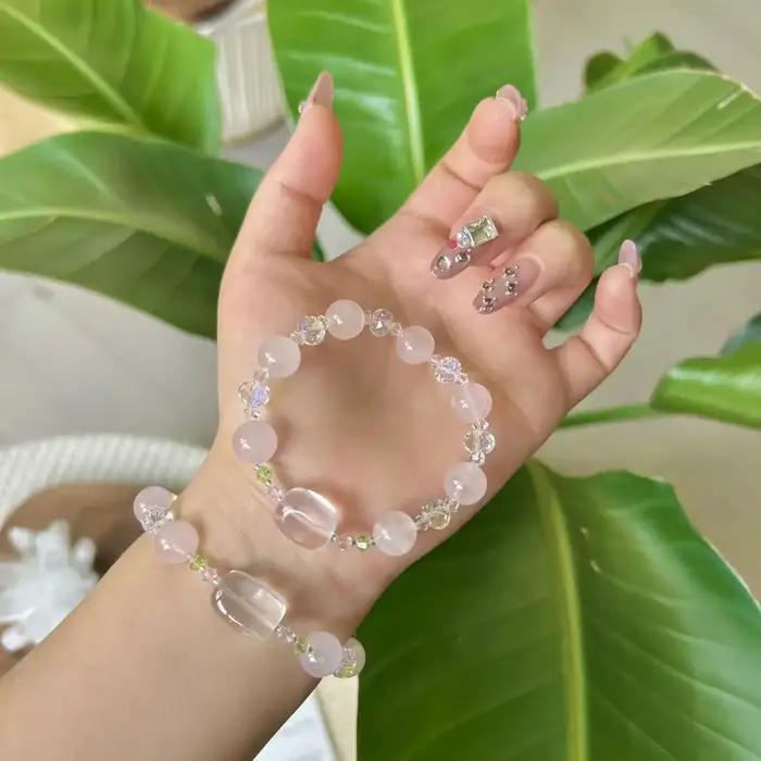 Bracelet en quartz rose naturel/quartz clair à brin unique pour femmes