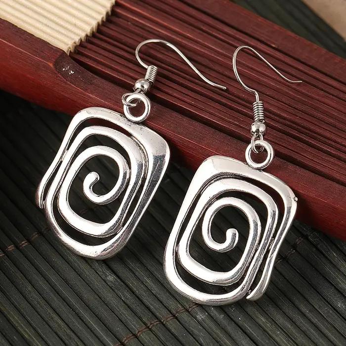 Boucles d'oreilles pendantes en métal Gypsy Curl pour femmes, plaqué argent vintage, spirale creuse