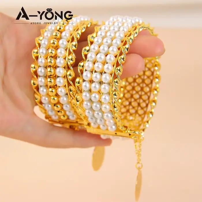 Bracelets en or plaqué 21 carats pour femmes, perles élégantes italiennes, bracelets de manchette de luxe, bracelets arabes brésiliens, bijoux de fête de la fête des mères