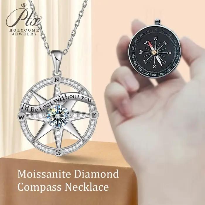 Pendentif Boussole Moissonite D VVS1 Collier en Argent Sterling 925 Hypoallergénique pour Femmes Occasions Spéciales