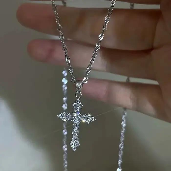Collier pendentif croix en Zircon cristal brillant pour femmes et filles, Punk, couleur argent, chaî
