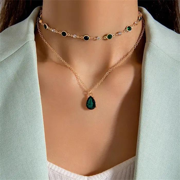 Mode Boho plaque d'or chaîne en cristal vert goutte d'eau pendentif femme collier pour femmes Vintage Baroque tour de cou bijoux cadeau