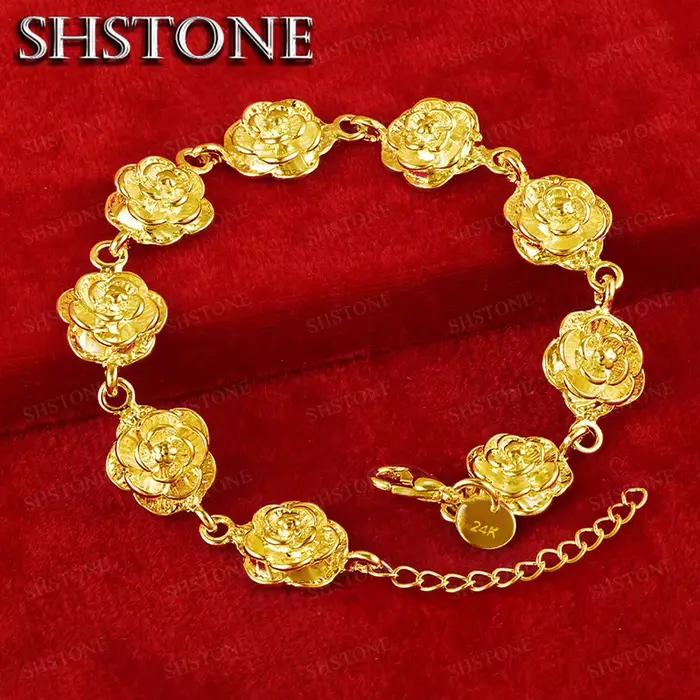 Bracelets en or 18 carats pour femmes, chaîne à main en forme de fleur, bijoux de mode pour fête, fiançailles, mariage, cadeaux