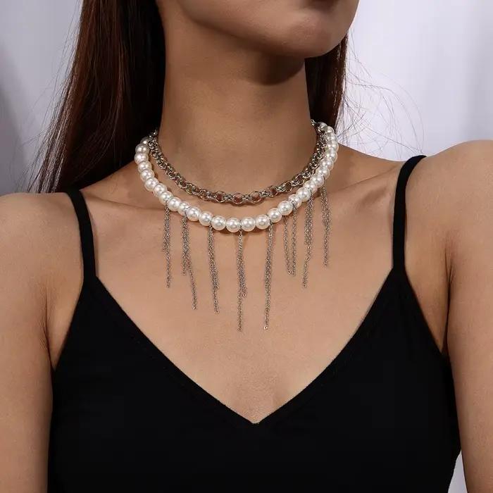 Collier Aihua multicouche à longues pampilles et perles d'imitation pour femme, collier ras-du-cou t