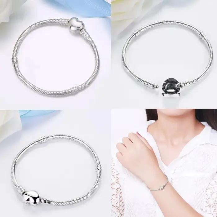 Bracelet en argent sterling 925 avec chaîne serpent et maille pour femme fermoir cœur et cube bijou tendance cadeau pour elle occassions spéciales