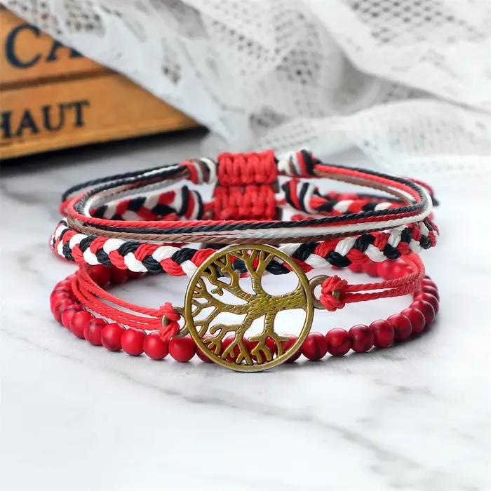Bracelet Arbre de Vie Boho Chic pour Hommes et Femmes, Ensemble de 4 Pièces en Perles Naturelles et Corde Tressée Manuelle Occasions Spéciales