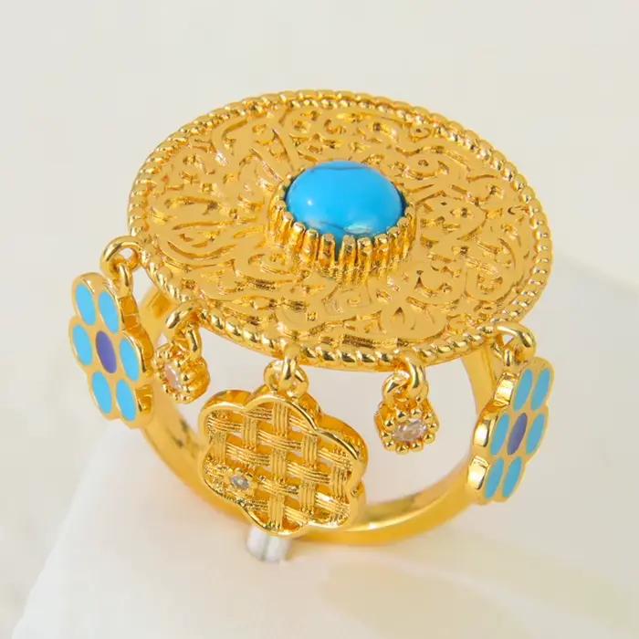 Bague de mariée plaquée or éthiopien, bijoux de mariée plaqués or 21 carats, zircone brésilienne, Turquoise, dubaï, bijoux de fête Vintage pour femmes