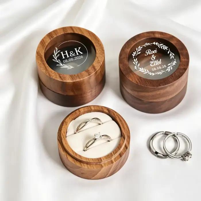Boîte à alliances personnalisée ronde en bois avec fenêtre en verre pour demande en mariage et cadeaux d'anniversaire de mariage couleurs saphir profond jaune fluo kaki foncé
