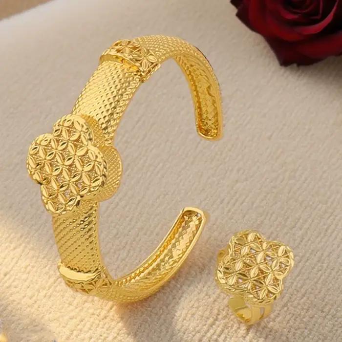 Dubaï plaqué or boucles d'oreilles collier bracelet bague ensembles pour femmes inde luxe fleur forme