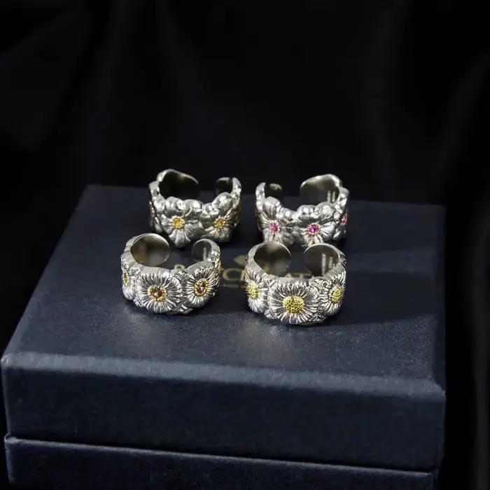 Bagues de fleurs de gardénia brillantes exquises en argent 925 pour femmes