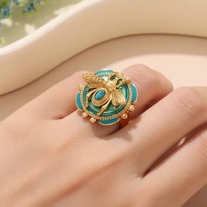 Bague abeille élégante en émail vert plaquée or avec perles turquoise et blanc pour homme et femme occasions spéciales cadeau bijoux