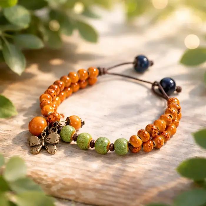 Bracelet en céramique vert-orange avec breloque papillon