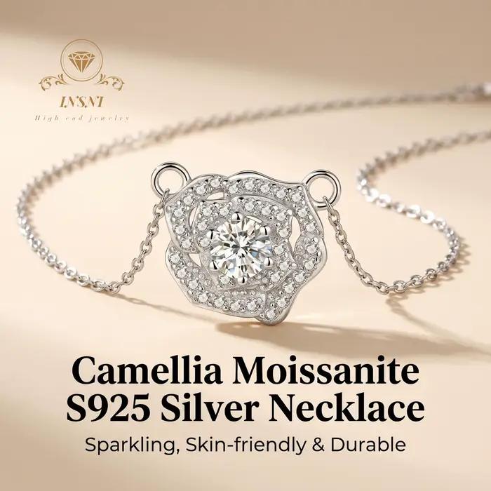 Collier en argent pur S925 avec pendentif fleur de camélia bohème pour femme