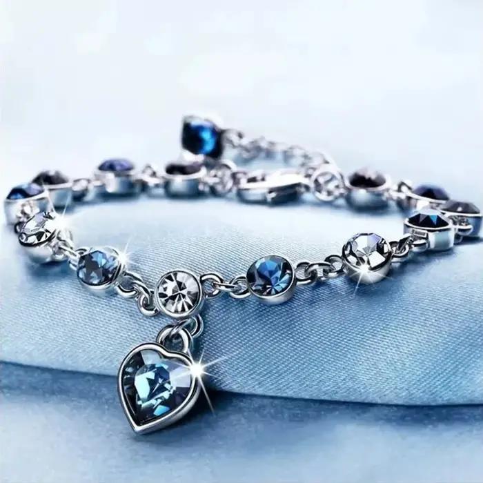 Femmes couleur argent Bracelet chanceux femme bleu cristal coeur breloque Pulseras