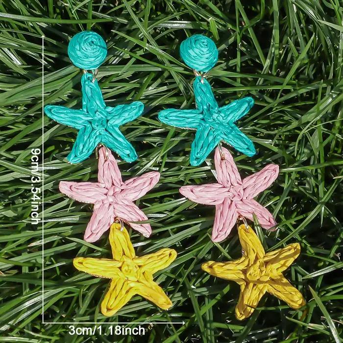 Boucles doreilles suspendues en raphia étoile de mer pour femmes mode géométrique été océan tricoté rotin six couleurs occassions spéciales et quotidiennes