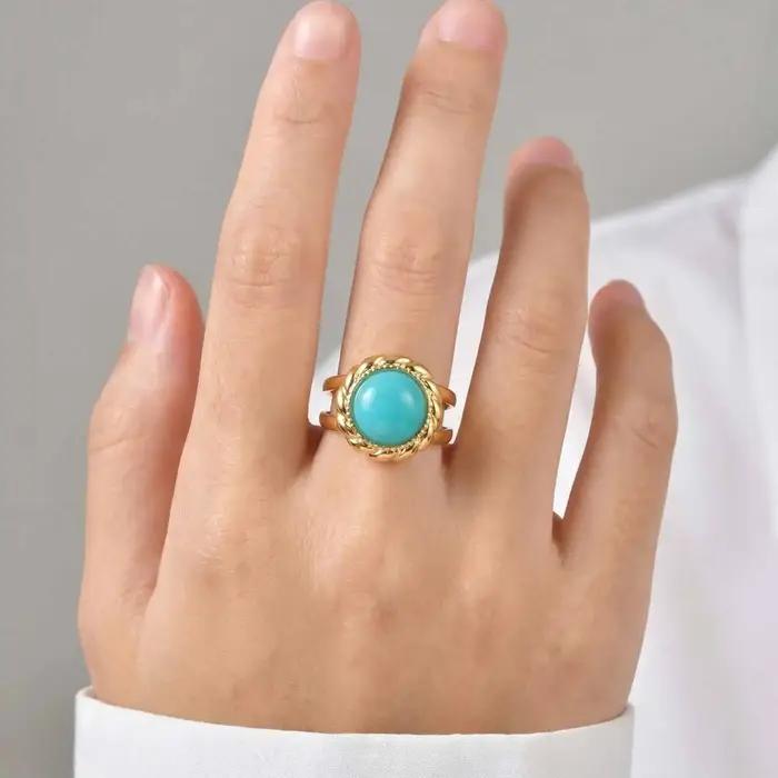 Bague Turquoise Vintage Fleur Plaqué Or Acier Inoxydable Ouverte pour Femme Bijou Tendance