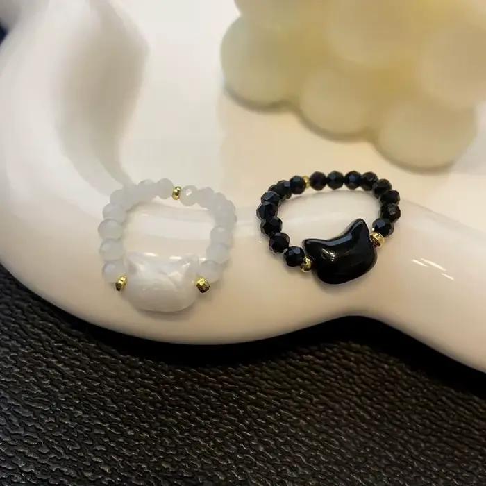 1/2 pièces anneau perles minimaliste doigt jouet anneau mignon noir et blanc chat forme anneau pour hommes et femmes accessoires de fête bijoux