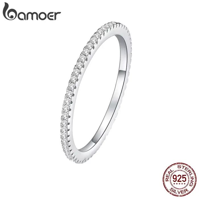 BAMOER plaqué or blanc solide 925 argent Sterling CZ simulé diamant empilable bague bandes d'éternité pour les femmes