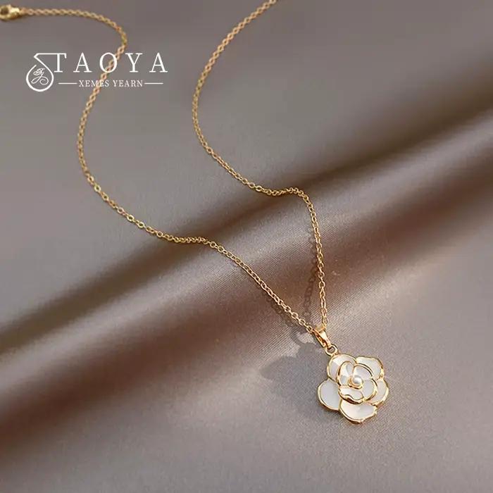 Collier romantique français élégant en émail blanc, pendentif fleur de camélia, bijoux à la mode pou