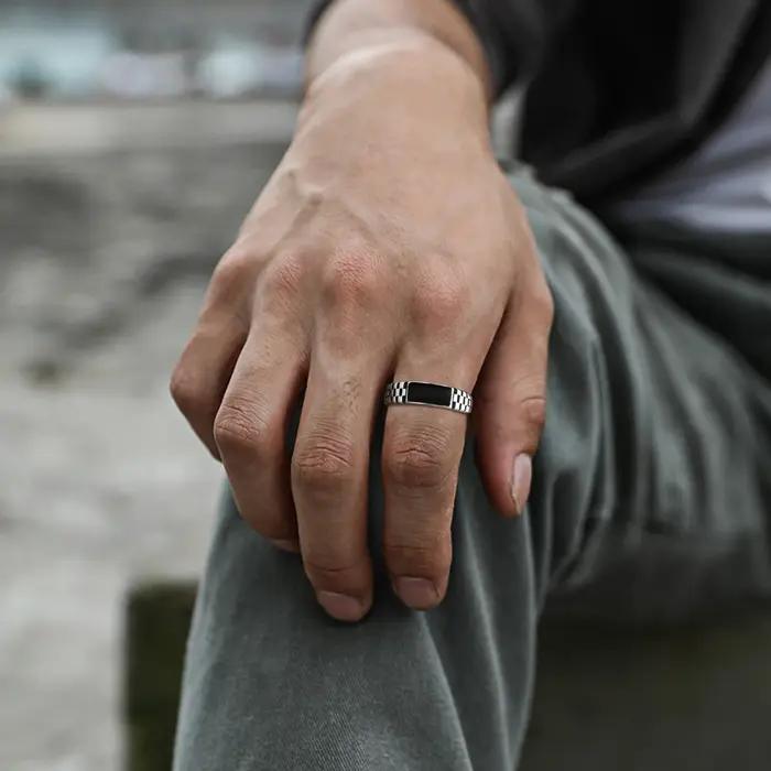 Bague rectangulaire noire pour hommes et garçons